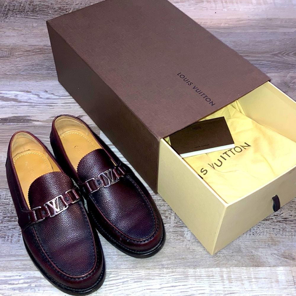 Louis Vuitton Mens Leather Brown Dress Shoes Logo Buckle Loafers Casual Sz 7
